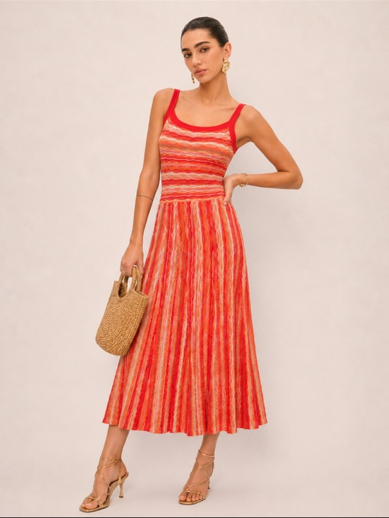 Commense Dresses & Skirts - Red Orange Striped Sleeveless Knit Midi Dress